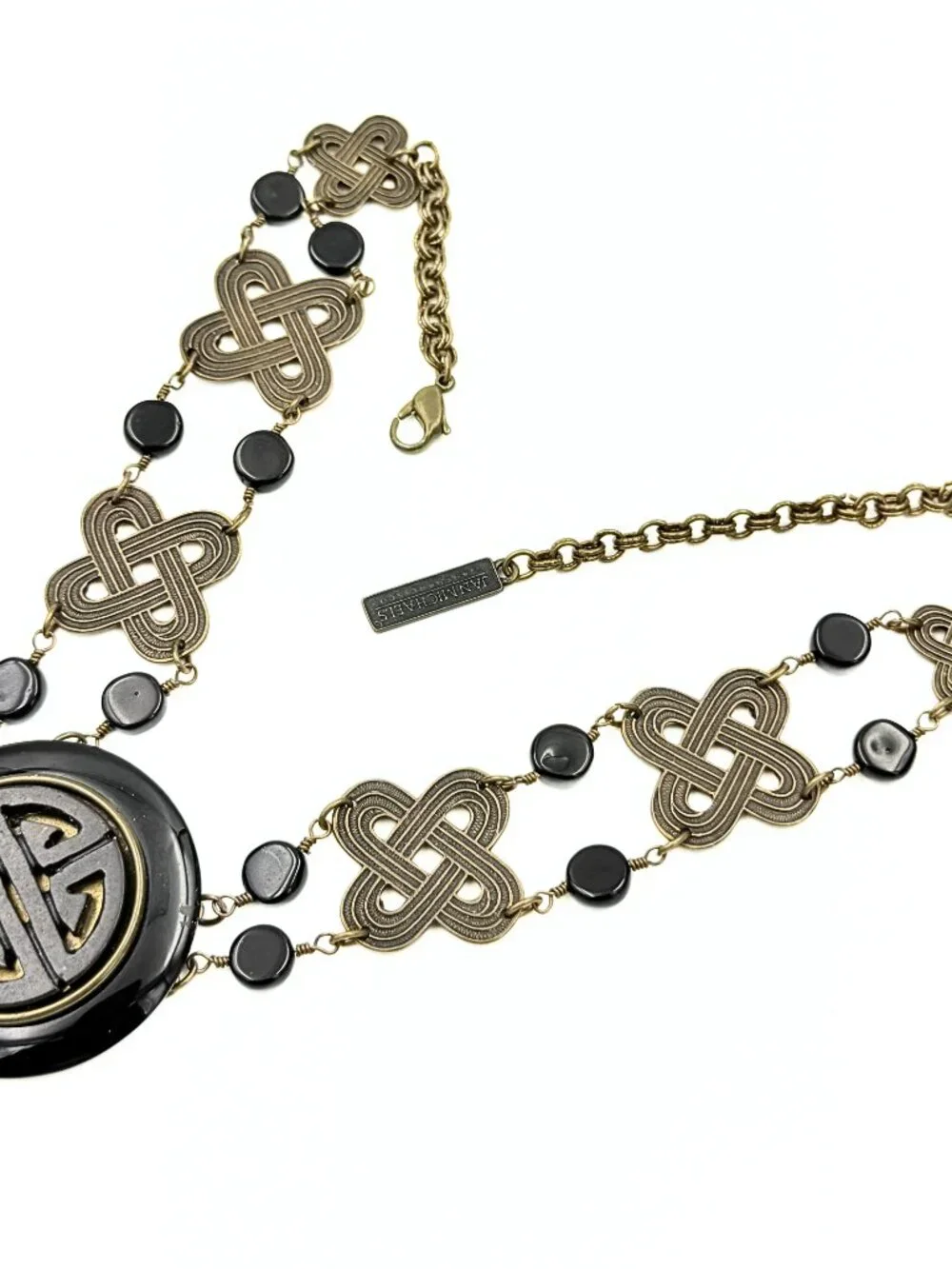 Jan Michaels Signed San Francisco Onyx Celtic Asian Fusion Brass Tribal Necklace